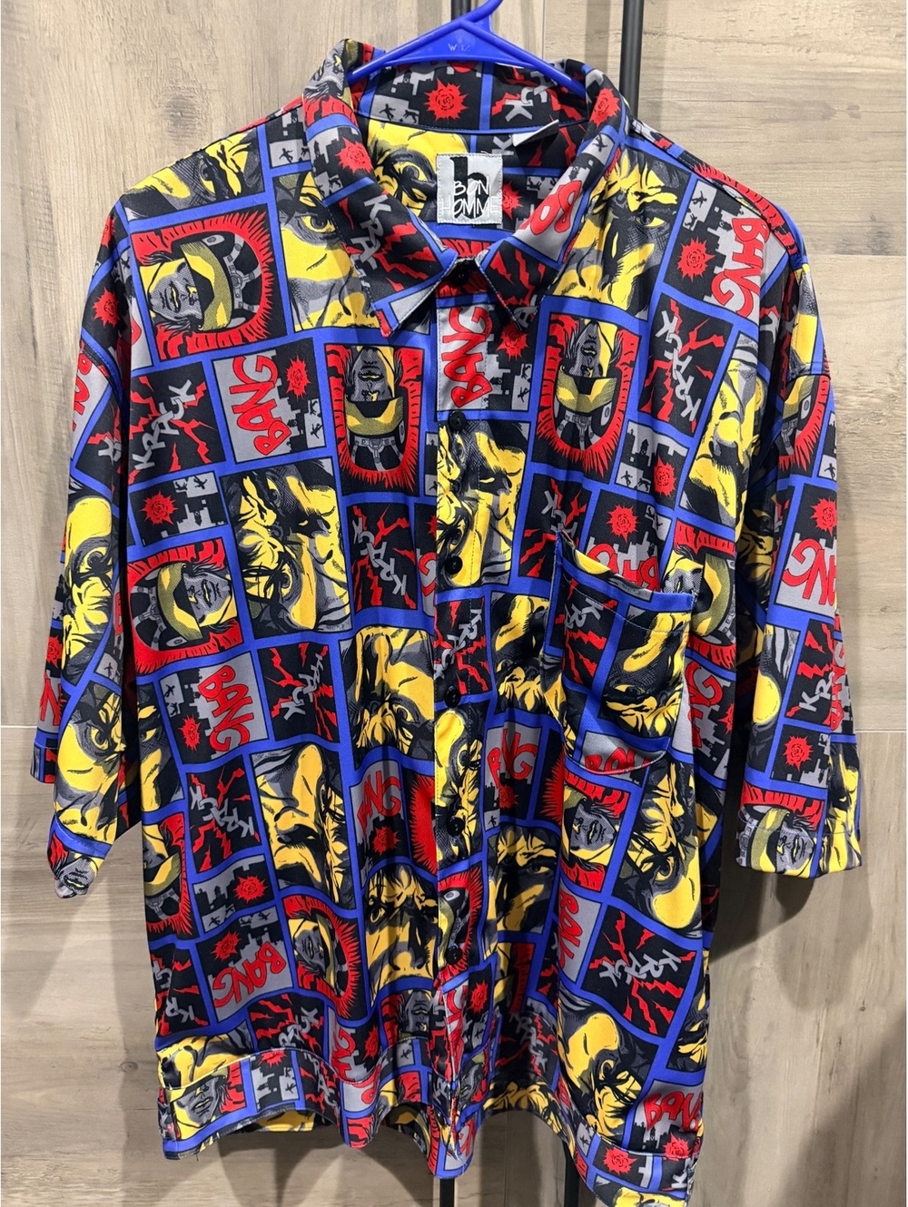 Vintage Bon Homme XL Polyester Button-Up Shirt with Colorful Comic Print